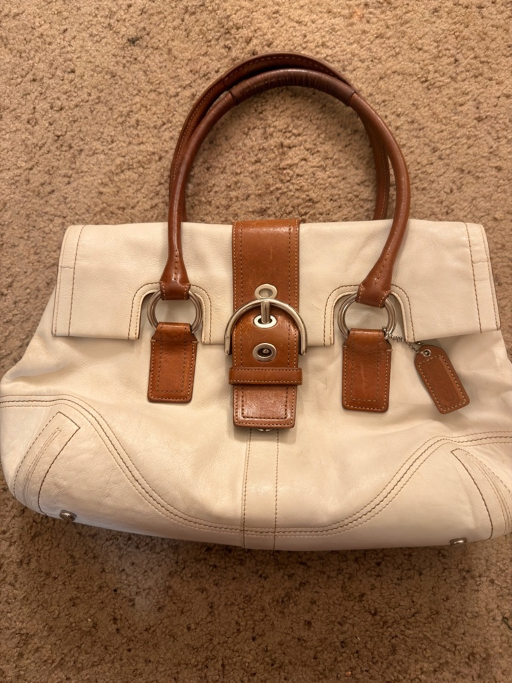 Coach Cream and Tan Leather Tote Handbag